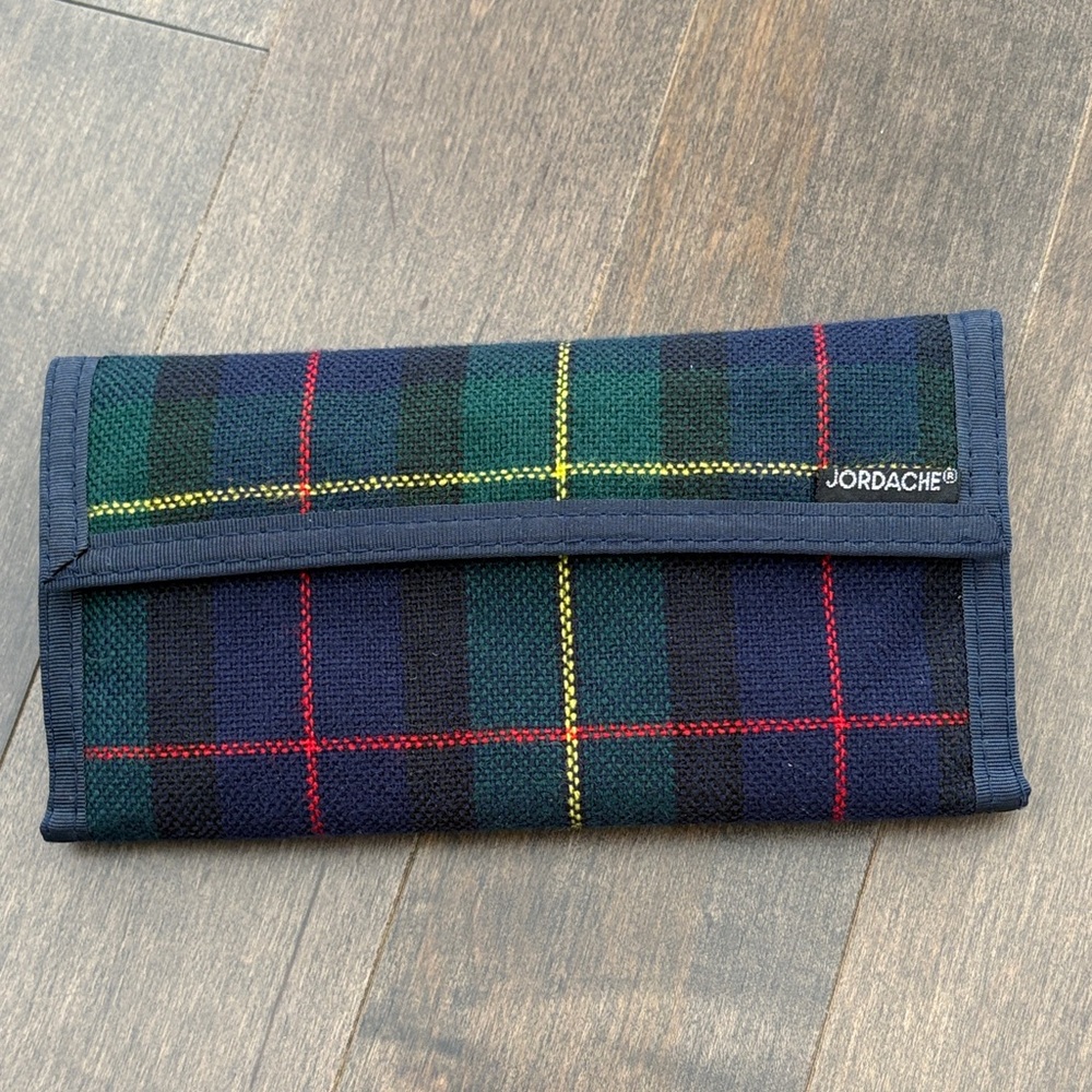 JORDACHE Vintage Plaid Fabric Long Wallet, Navy Blue Check Card Holder Velcro